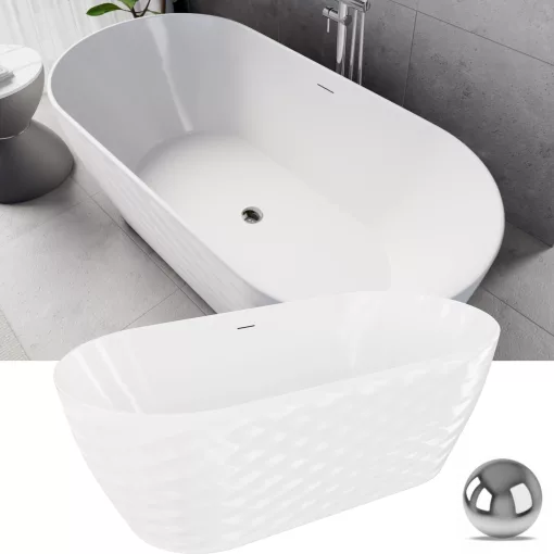 HD Naomi White ovális térben álló akril kád fényes króm click-clack leeresztővel és slim túlfolyóval, 170x75x60 cm