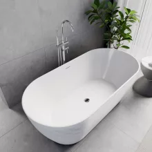 HD Naomi White ovális térben álló akril kád fényes króm click-clack leeresztővel és slim túlfolyóval, 170x75x60 cm