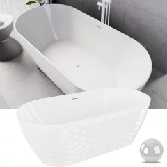   HD Naomi White ovális térben álló akril kád fényes fehér click-clack leeresztővel és slim túlfolyóval, 170x75x60 cm