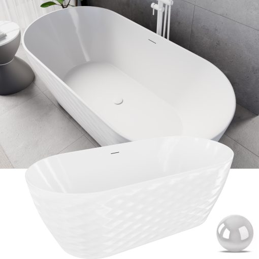 HD Naomi White ovális térben álló akril kád fényes fehér click-clack leeresztővel és slim túlfolyóval, 170x75x60 cm