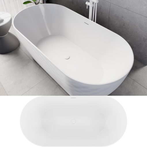 HD Naomi White ovális térben álló akril kád fényes fehér click-clack leeresztővel és slim túlfolyóval, 170x75x60 cm