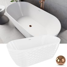 HD Naomi White ovális térben álló akril kád rózsa arany click-clack leeresztővel és slim túlfolyóval, 170x75x60 cm