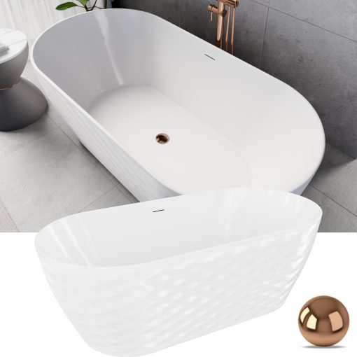 HD Naomi White ovális térben álló akril kád rózsa arany click-clack leeresztővel és slim túlfolyóval, 170x75x60 cm