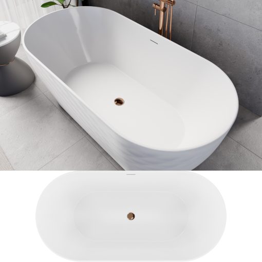 HD Naomi White ovális térben álló akril kád rózsa arany click-clack leeresztővel és slim túlfolyóval, 170x75x60 cm