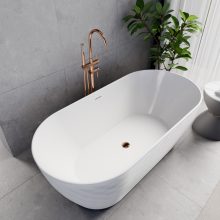 HD Naomi White ovális térben álló akril kád rózsa arany click-clack leeresztővel és slim túlfolyóval, 170x75x60 cm