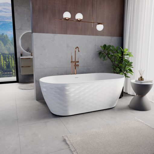 HD Naomi White ovális térben álló akril kád rózsa arany click-clack leeresztővel és slim túlfolyóval, 170x75x60 cm