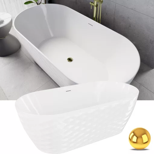 HD Naomi White ovális térben álló akril kád fényes arany click-clack leeresztővel és slim túlfolyóval, 170x75x60 cm