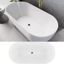 HD Naomi White ovális térben álló akril kád fényes arany click-clack leeresztővel és slim túlfolyóval, 170x75x60 cm