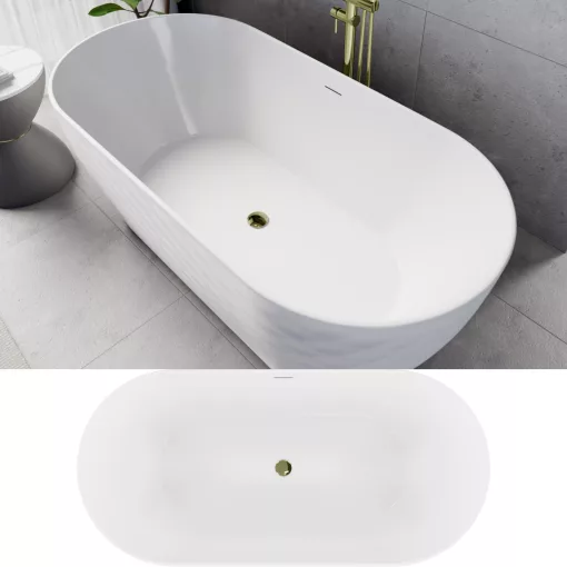 HD Naomi White ovális térben álló akril kád fényes arany click-clack leeresztővel és slim túlfolyóval, 170x75x60 cm