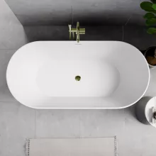 HD Naomi White ovális térben álló akril kád fényes arany click-clack leeresztővel és slim túlfolyóval, 170x75x60 cm