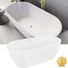 HD Naomi White ovális térben álló akril kád szálcsiszolt arany click-clack leeresztővel és slim túlfolyóval, 170x75x60 cm