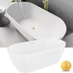   HD Naomi White ovális térben álló akril kád szálcsiszolt arany click-clack leeresztővel és slim túlfolyóval, 170x75x60 cm