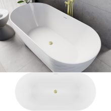 HD Naomi White ovális térben álló akril kád szálcsiszolt arany click-clack leeresztővel és slim túlfolyóval, 170x75x60 cm