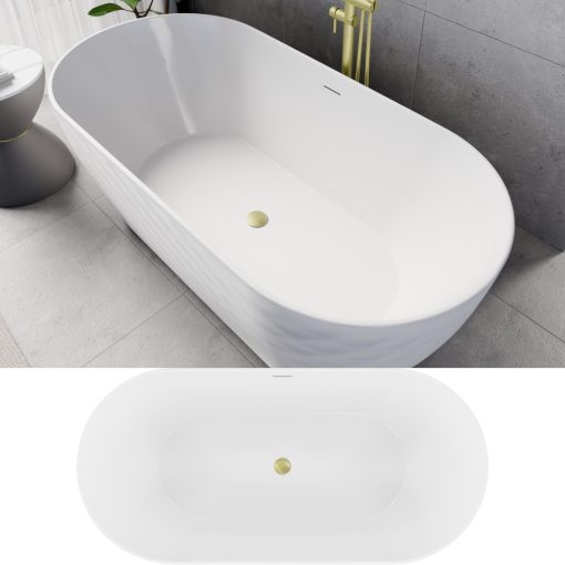 HD Naomi White ovális térben álló akril kád szálcsiszolt arany click-clack leeresztővel és slim túlfolyóval, 170x75x60 cm