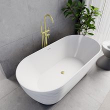 HD Naomi White ovális térben álló akril kád szálcsiszolt arany click-clack leeresztővel és slim túlfolyóval, 170x75x60 cm