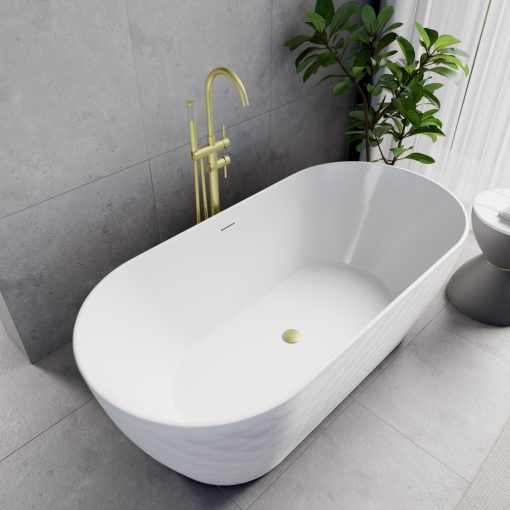 HD Naomi White ovális térben álló akril kád szálcsiszolt arany click-clack leeresztővel és slim túlfolyóval, 170x75x60 cm