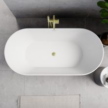 HD Naomi White ovális térben álló akril kád szálcsiszolt arany click-clack leeresztővel és slim túlfolyóval, 170x75x60 cm