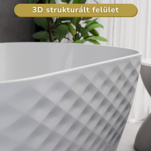 HD Naomi White ovális térben álló akril kád szálcsiszolt arany click-clack leeresztővel és slim túlfolyóval, 170x75x60 cm