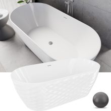 HD Naomi White ovális térben álló akril kád szürke click-clack leeresztővel és slim túlfolyóval, 170x75x60 cm