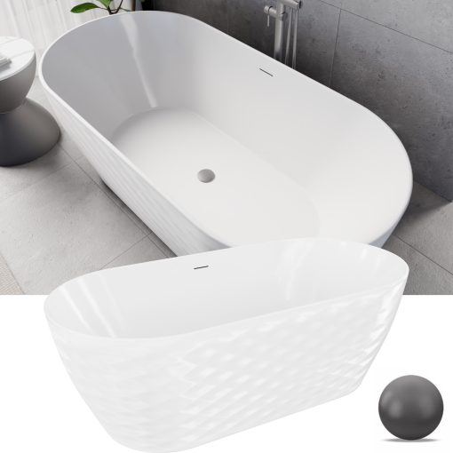 HD Naomi White ovális térben álló akril kád szürke click-clack leeresztővel és slim túlfolyóval, 170x75x60 cm