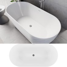 HD Naomi White ovális térben álló akril kád szürke click-clack leeresztővel és slim túlfolyóval, 170x75x60 cm