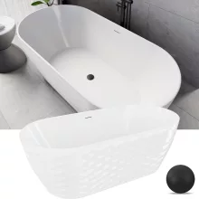 HD Naomi White ovális térben álló akril kád matt fekete click-clack leeresztővel és slim túlfolyóval, 170x75x60 cm