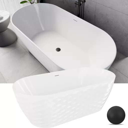 HD Naomi White ovális térben álló akril kád matt fekete click-clack leeresztővel és slim túlfolyóval, 170x75x60 cm