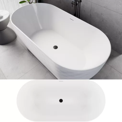 HD Naomi White ovális térben álló akril kád matt fekete click-clack leeresztővel és slim túlfolyóval, 170x75x60 cm