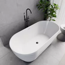 HD Naomi White ovális térben álló akril kád matt fekete click-clack leeresztővel és slim túlfolyóval, 170x75x60 cm