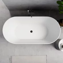 HD Naomi White ovális térben álló akril kád matt fekete click-clack leeresztővel és slim túlfolyóval, 170x75x60 cm