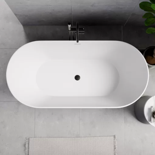 HD Naomi White ovális térben álló akril kád matt fekete click-clack leeresztővel és slim túlfolyóval, 170x75x60 cm