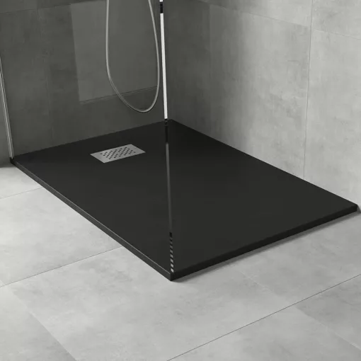 HD Marco+ Black 80x100 SMC kompozit slim szögletes kőhatású zuhanytálca, krómozott ráccsal, 2,6 cm magas, szifon nélkül