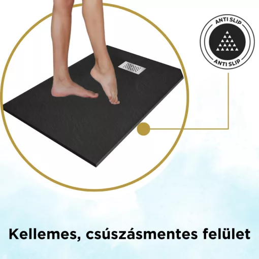 HD Marco+ Black 80x100 SMC kompozit slim szögletes kőhatású zuhanytálca, krómozott ráccsal, 2,6 cm magas, szifon nélkül