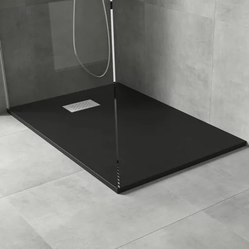 HD Marco+ Black 80x100 SMC kompozit slim szögletes kőhatású zuhanytálca, fehér ráccsal, 2,6 cm magas, szifonnal