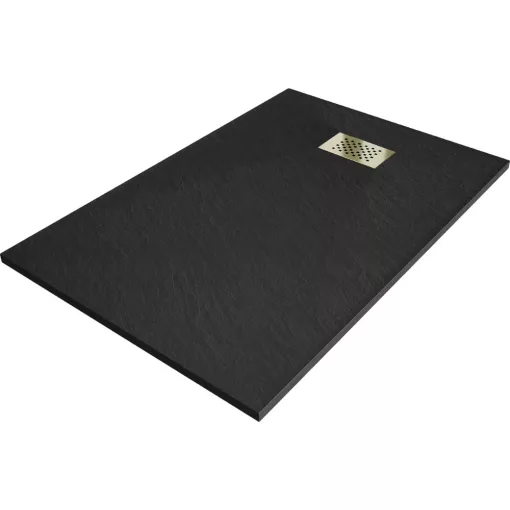 HD Marco+ Black 80x100 SMC kompozit slim szögletes kőhatású zuhanytálca, arany színű ráccsal, 2,6 cm magas, szifon nélkül