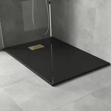 HD Marco+ Black 80x100 SMC kompozit slim szögletes kőhatású zuhanytálca, arany színű ráccsal, 2,6 cm magas, szifon nélkül