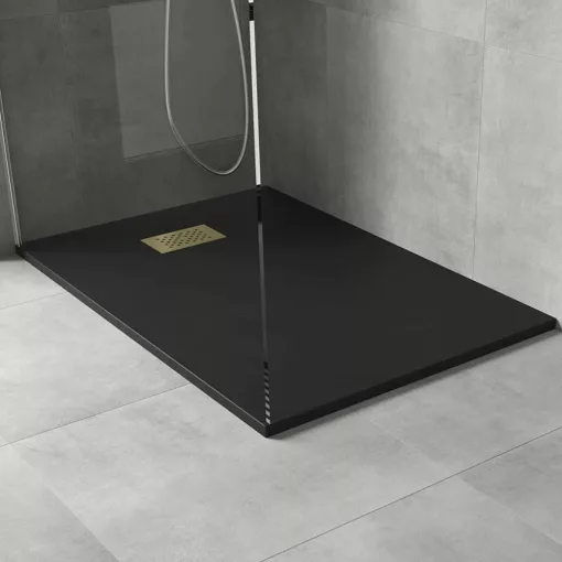 HD Marco+ Black 80x100 SMC kompozit slim szögletes kőhatású zuhanytálca, arany színű ráccsal, 2,6 cm magas, szifon nélkül