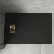 HD Marco+ Black 80x100 SMC kompozit slim szögletes kőhatású zuhanytálca, arany színű ráccsal, 2,6 cm magas, szifon nélkül