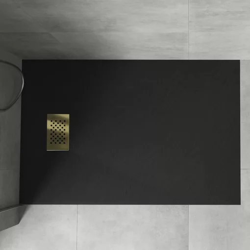 HD Marco+ Black 80x100 SMC kompozit slim szögletes kőhatású zuhanytálca, arany színű ráccsal, 2,6 cm magas, szifon nélkül