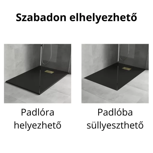 HD Marco+ Black 80x100 SMC kompozit slim szögletes kőhatású zuhanytálca, arany színű ráccsal, 2,6 cm magas, szifon nélkül