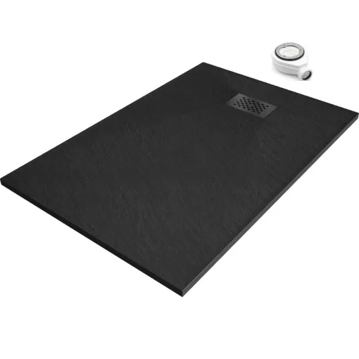 HD Marco+ Black 80x100 SMC kompozit slim szögletes kőhatású zuhanytálca, fekete ráccsal, 2,6 cm magas, szifonnal