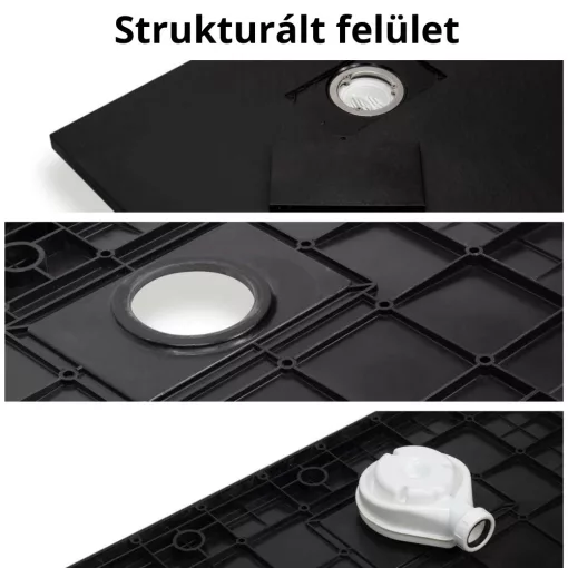 HD Marco+ Black 80x100 SMC kompozit slim szögletes kőhatású zuhanytálca, fekete ráccsal, 2,6 cm magas, szifon nélkül
