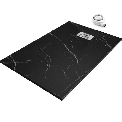 HD Marco+ Black Marble 80x100 SMC kompozit slim szögletes kőhatású zuhanytálca, krómozott ráccsal, 2,6 cm magas, szifonnal