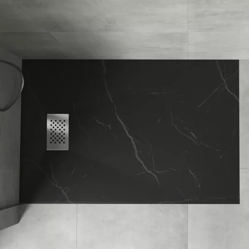 HD Marco+ Black Marble 80x100 SMC kompozit slim szögletes kőhatású zuhanytálca, krómozott ráccsal, 2,6 cm magas, szifon nélkül