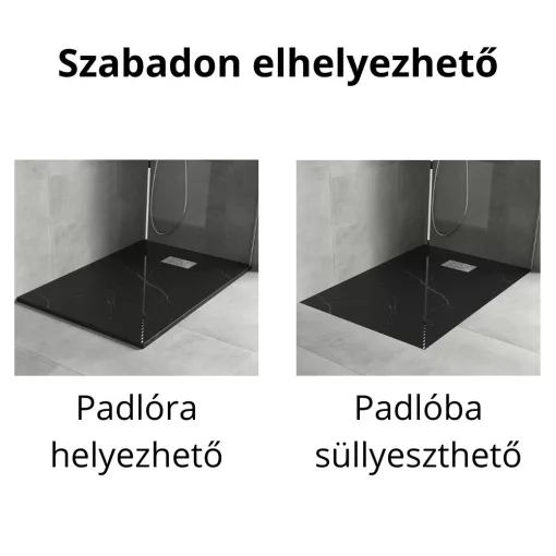 HD Marco+ Black Marble 80x100 SMC kompozit slim szögletes kőhatású zuhanytálca, krómozott ráccsal, 2,6 cm magas, szifon nélkül