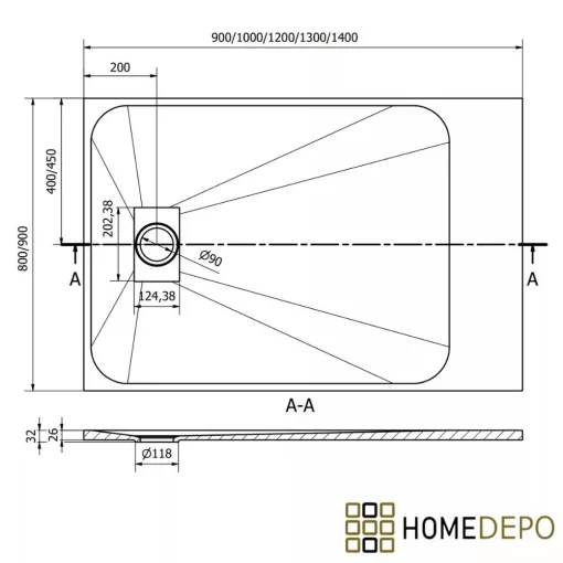 HD Marco+ Black Marble 80x100 SMC kompozit slim szögletes kőhatású zuhanytálca, krómozott ráccsal, 2,6 cm magas, szifon nélkül