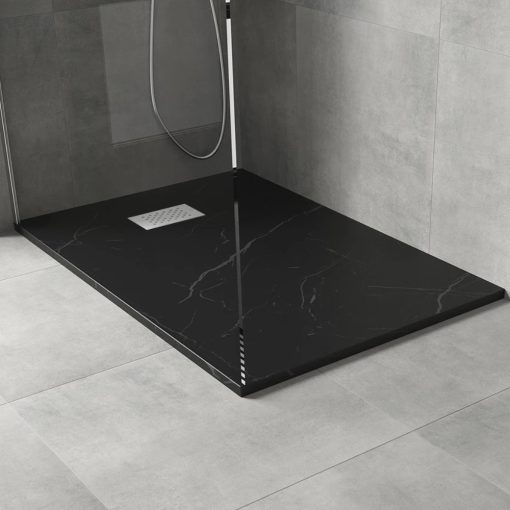 HD Marco+ Black Marble 80x100 SMC kompozit slim szögletes kőhatású zuhanytálca, fehér ráccsal, 2,6 cm magas, szifon nélkül
