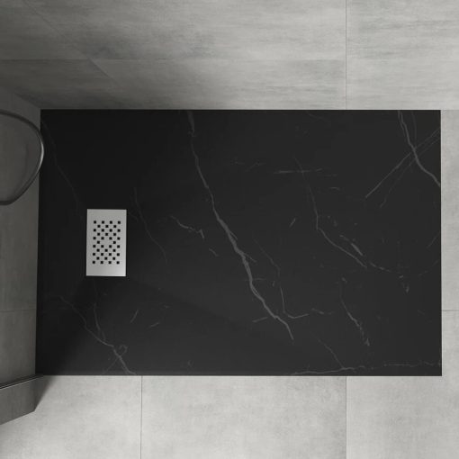 HD Marco+ Black Marble 80x100 SMC kompozit slim szögletes kőhatású zuhanytálca, fehér ráccsal, 2,6 cm magas, szifon nélkül