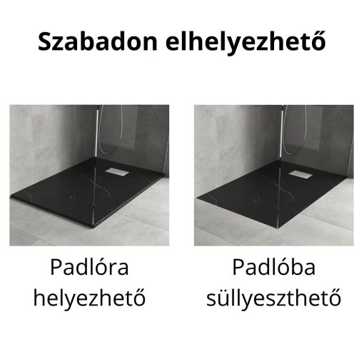 HD Marco+ Black Marble 80x100 SMC kompozit slim szögletes kőhatású zuhanytálca, fehér ráccsal, 2,6 cm magas, szifon nélkül
