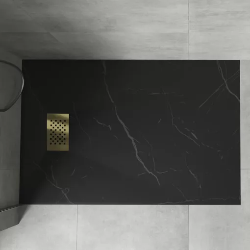 HD Marco+ Black Marble 80x100 SMC kompozit slim szögletes kőhatású zuhanytálca, arany színű ráccsal, 2,6 cm magas, szifonnal